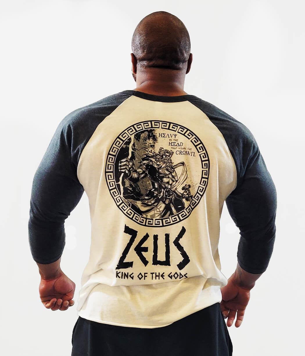 Iron Gods Titan Series Zeus Workout T-Shirt, Black and  White Raglan, pump cover, gym tee