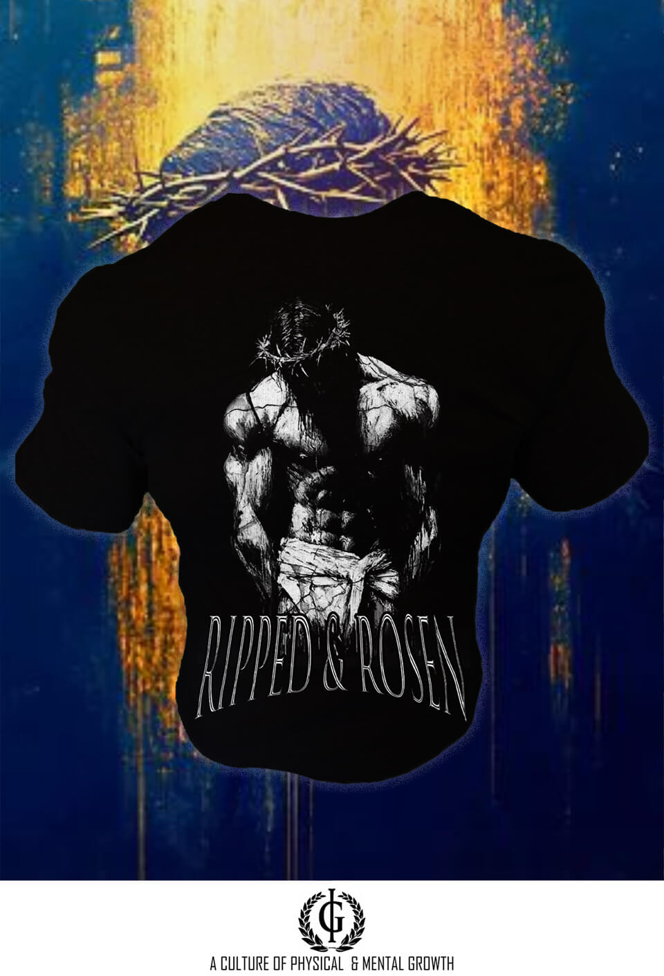 Picture of a Black shirt with an image of a muscular Jesus on it.