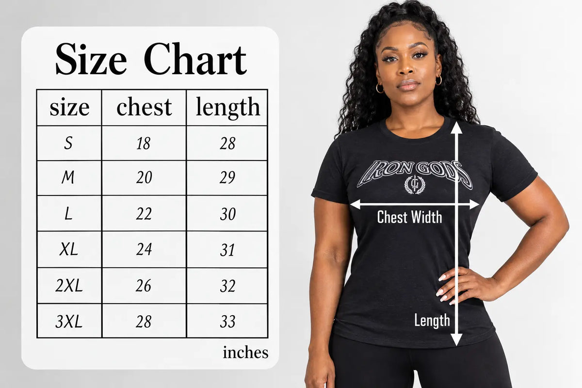 A size chart graphic on the left lists chest and length measurements by size, next to a woman modeling a black graphic T-shirt on the right with arrows showing chest width and length.