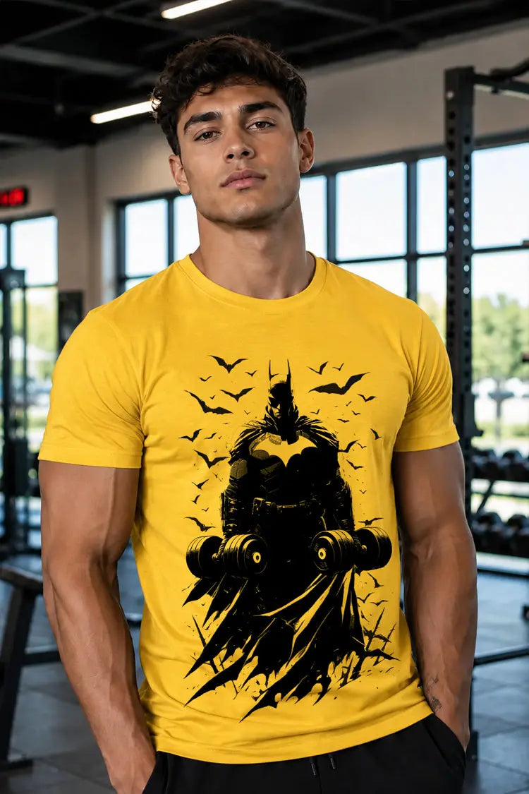 Person wearing a yellow t-shirt with a black graphic design in a gym setting