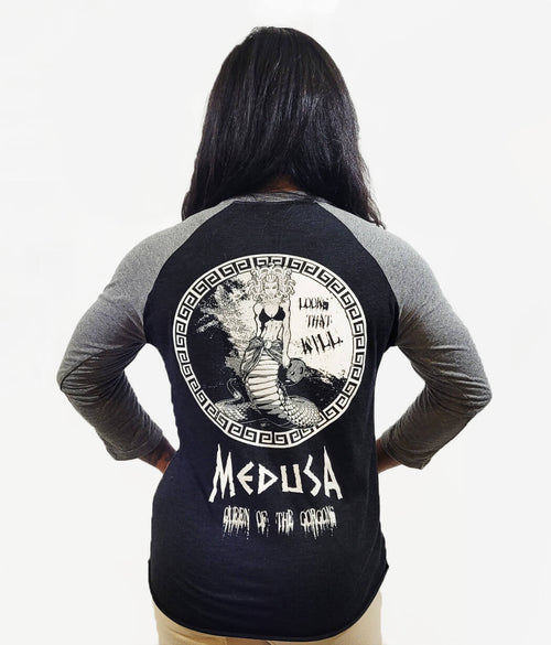 Iron Gods Titan Series Medusa Workout T-Shirt, Black and Gray Raglan shirt, pump cover, gym tee