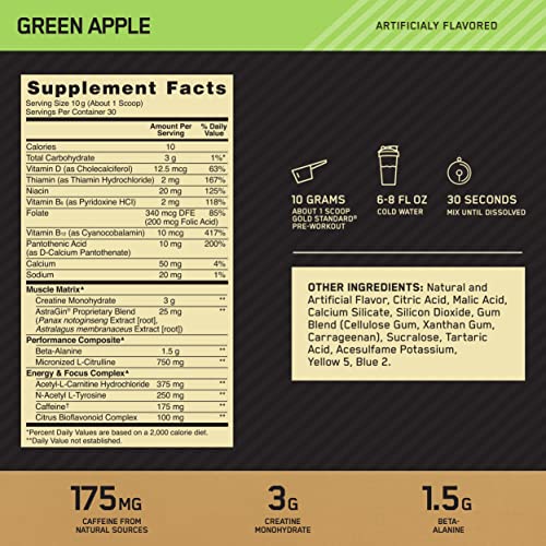 Optimum Nutrition Gold Standard Pre Workout with Creatine, Beta-Alanine, and Caffeine for Energy, Flavor: Green Apple, 30 Servings (Packaging May Vary)