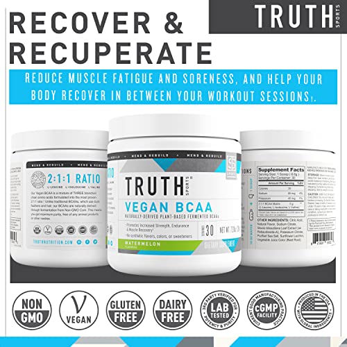 Truth Nutrition Vegan BCAA Powder- 2:1:1 Ratio Amino Energy BCAAs Amino Acids - Natural Branched Chain Amino Acids Post Workout Recovery Drink and Endurance (Watermelon, 30 Servings)