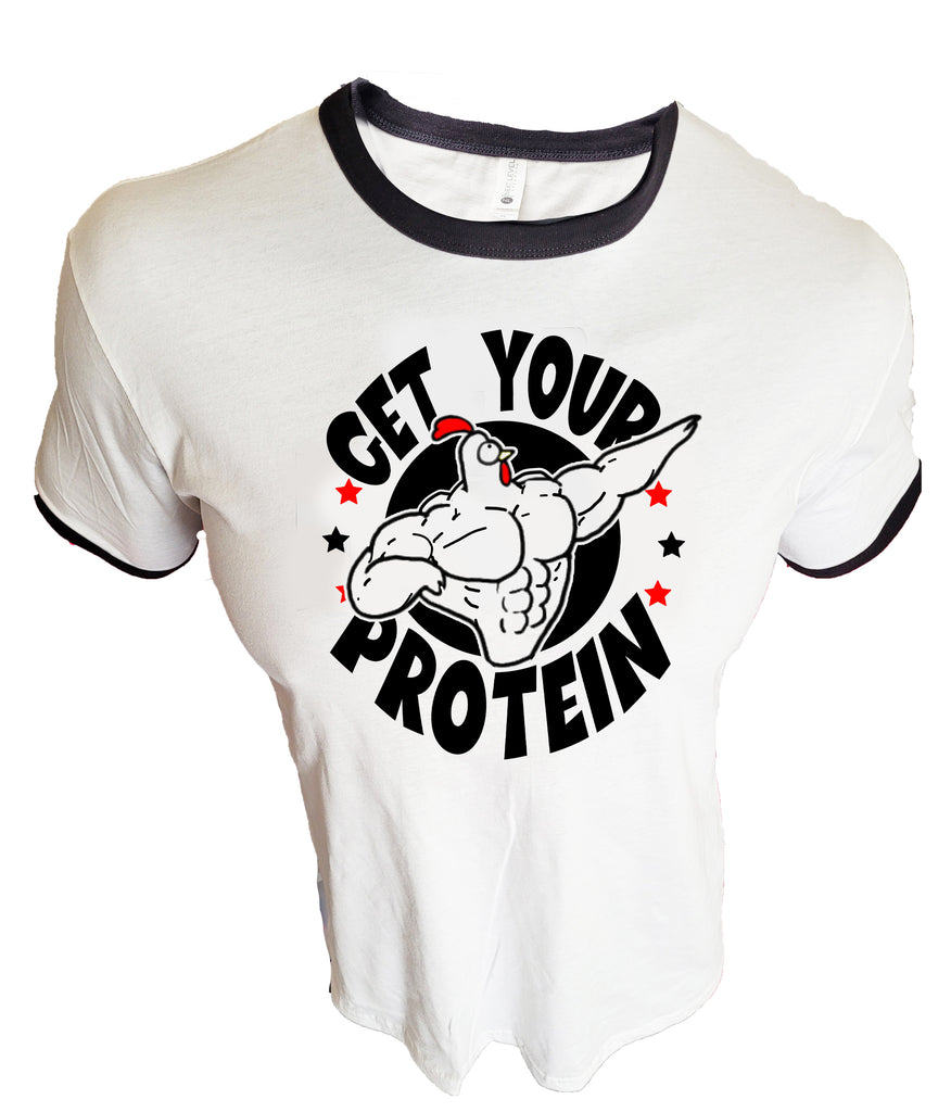 Iron Gods Get Your Protein Gym Shirt White/Black Ringer Tee