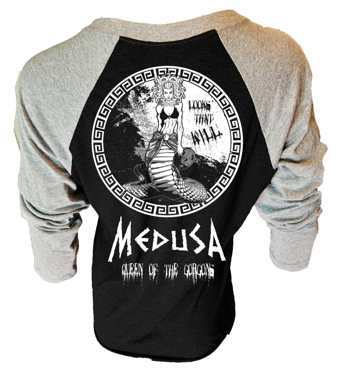 Iron Gods Titan Series Medusa Workout T-Shirt, Black and Gray Raglan shirt, pump cover, gym tee