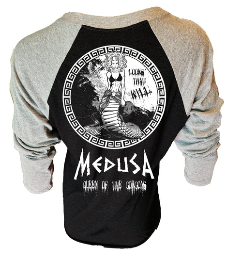 Iron Gods Titan Series Medusa Workout T-Shirt, Black and Gray Raglan shirt, pump cover, gym tee